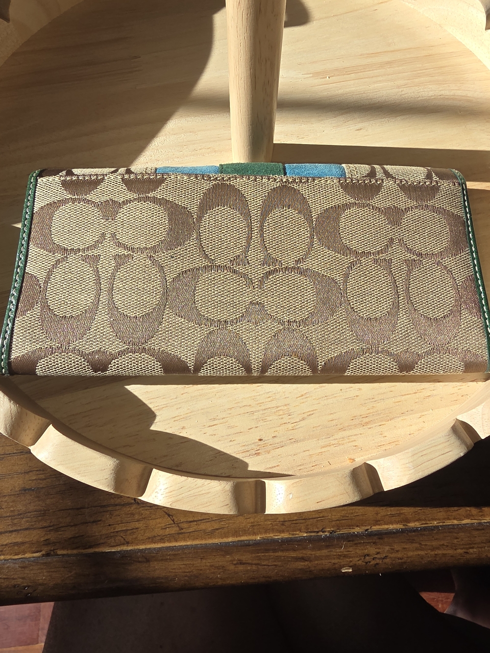 Coach Signature Canvas Bifold Long Wallet in Khaki with Teal & Green Suede - Picture 6 of 11